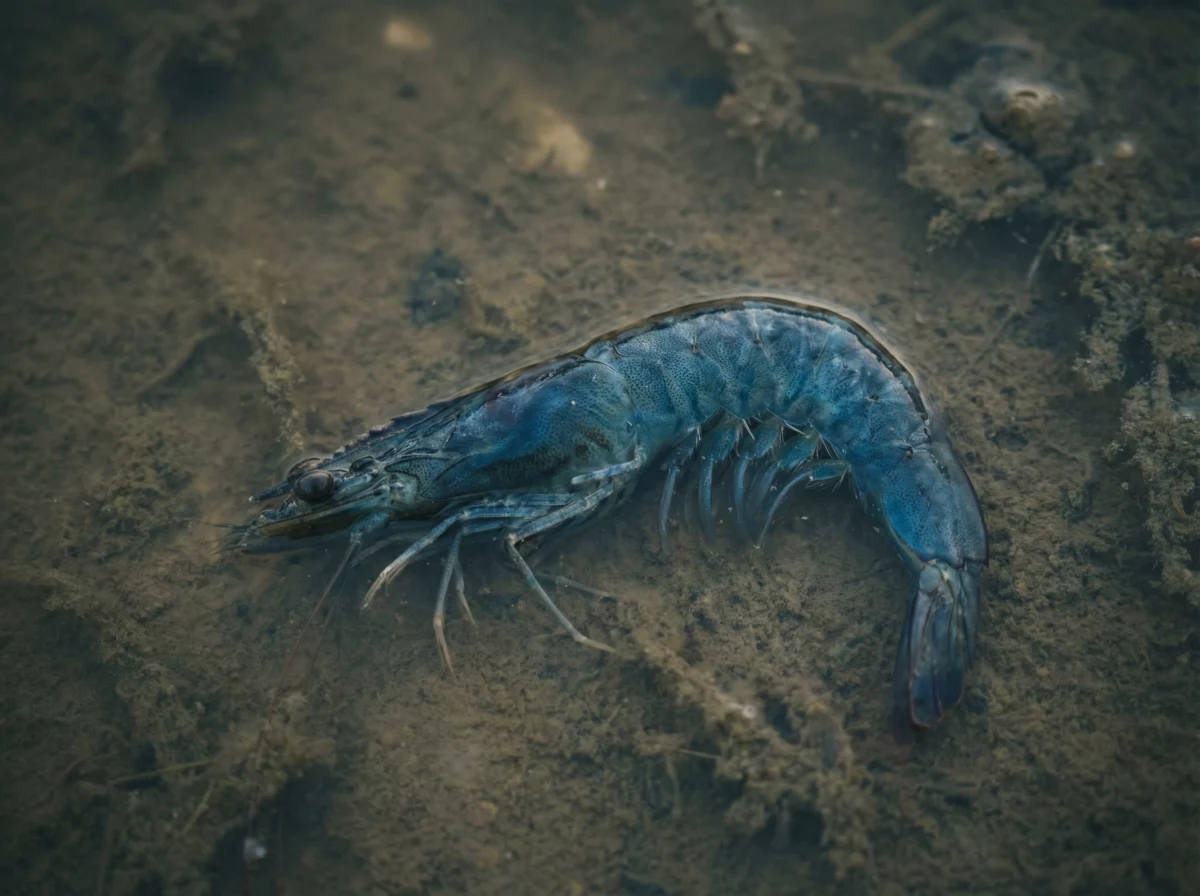 Tôm thẻ chân trắng với sắc xanh đậm bất thường, biểu hiện rõ sự suy yếu, ám ảnh trên nền ao nuôi đục mờ.