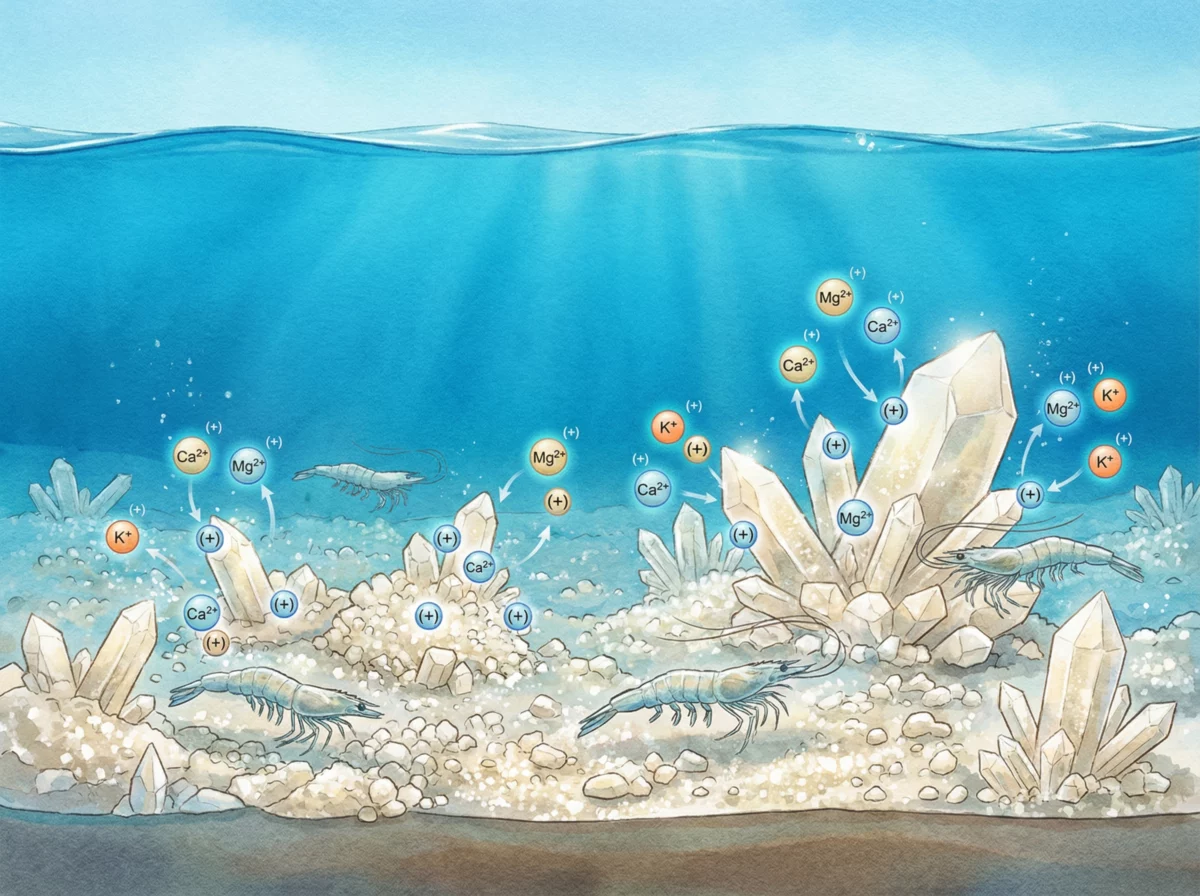 Nước ao trong xanh biếc, tinh thể khoáng trắng ngà lấp lánh, minh họa quá trình trao đổi ion năng động giúp tôm phát triển khỏe mạnh.