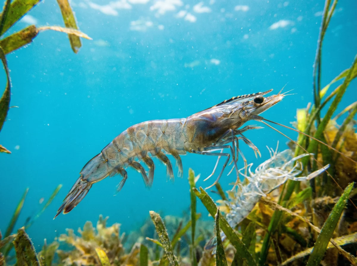 Tôm thẻ chân trắng lột xác thành công, khoác lên mình lớp vỏ bóng bẩy, bơi lội khỏe mạnh trong làn nước trong xanh. Đây là minh chứng cho sức sống mãnh liệt và sự phát triển vượt trội nhờ bổ sung khoáng hữu cơ.