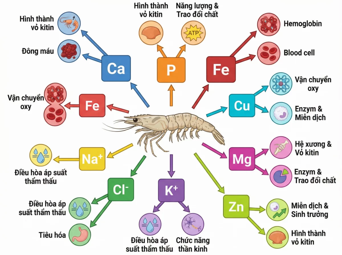 Khoáng chất đóng vai trò thiết yếu trong mọi khía cạnh sức khỏe và sinh trưởng của tôm, từ hình thành vỏ, vận chuyển oxy đến điều hòa sinh lý. Biểu đồ này giúp bạn hình dung rõ nét vai trò cụ thể của từng loại khoáng chất chính.