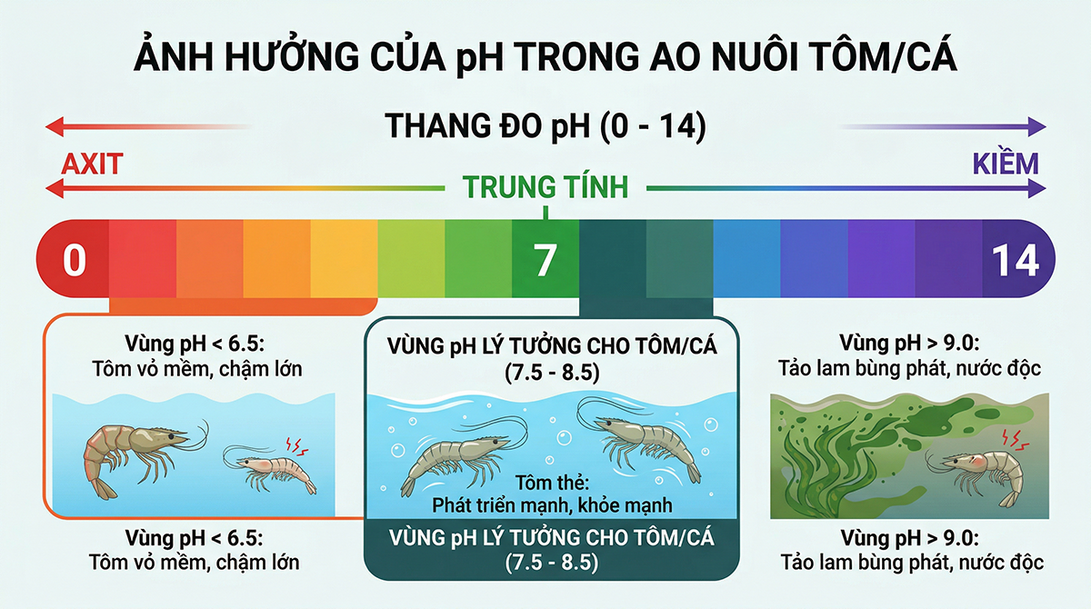 Thang đo pH và khoảng pH lý tưởng 7.5-8.5 trong nuôi trồng thủy sản