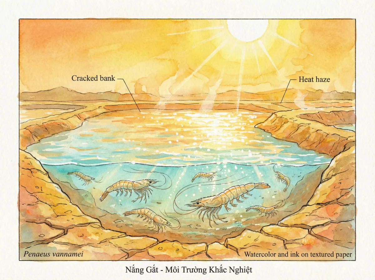 Ao tôm nhỏ dưới nắng hè rực rỡ, nơi những chú tôm khỏe mạnh đang vươn mình giữa thử thách môi trường mong manh.