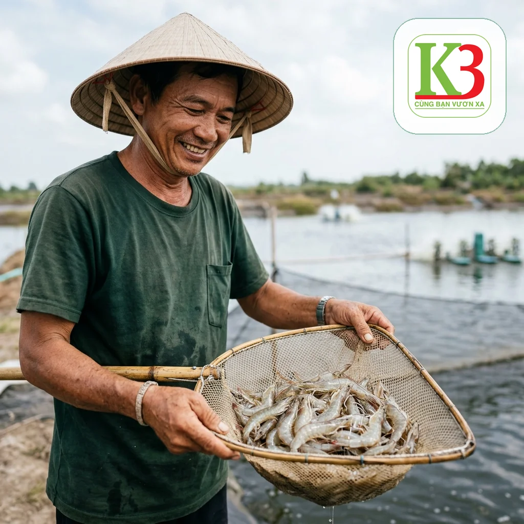 Nông dân kiểm tra tôm khi bổ sung E.min trong quy trình chăm ao tôm