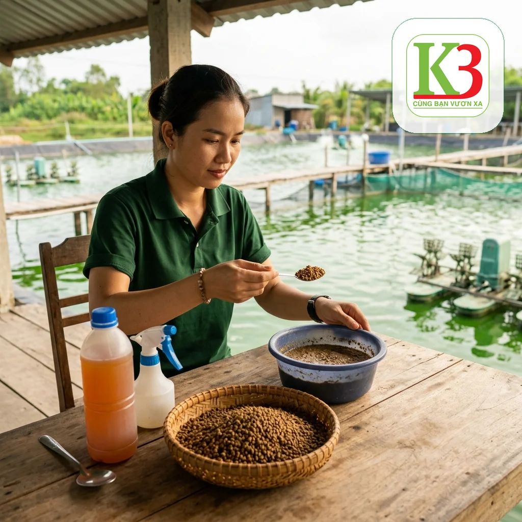 Kỹ thuật viên tư vấn cách dùng E.min cho tôm tại ao nuôi