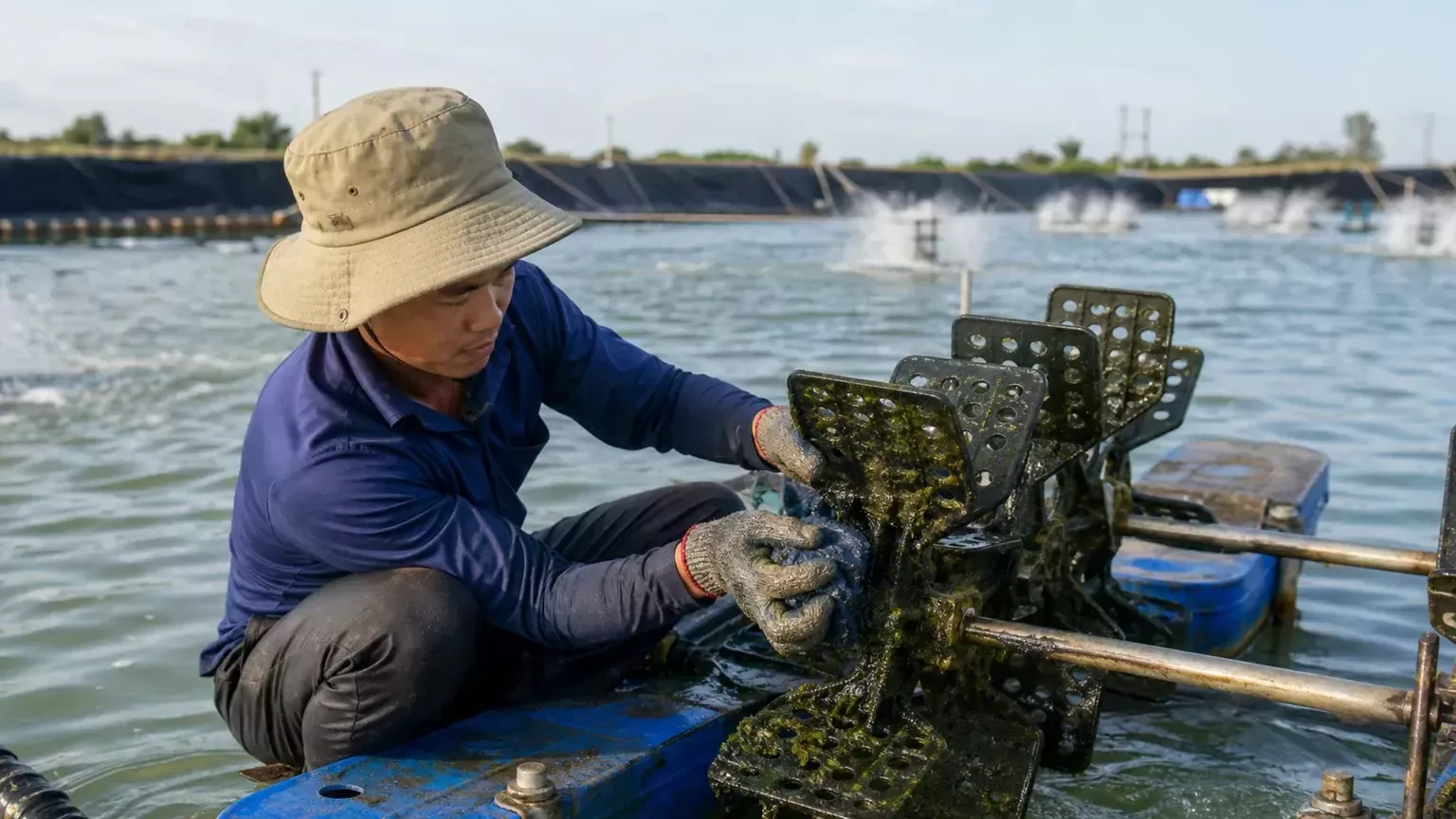 kiểm tra quạt nước ao tôm sau mưa