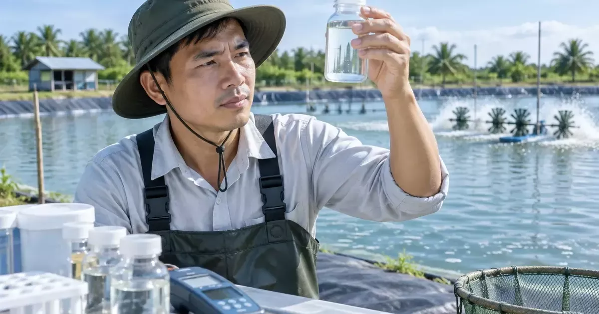 Kỹ thuật viên kiểm tra mẫu nước khi tìm hiểu khoáng dạng ion cho tôm