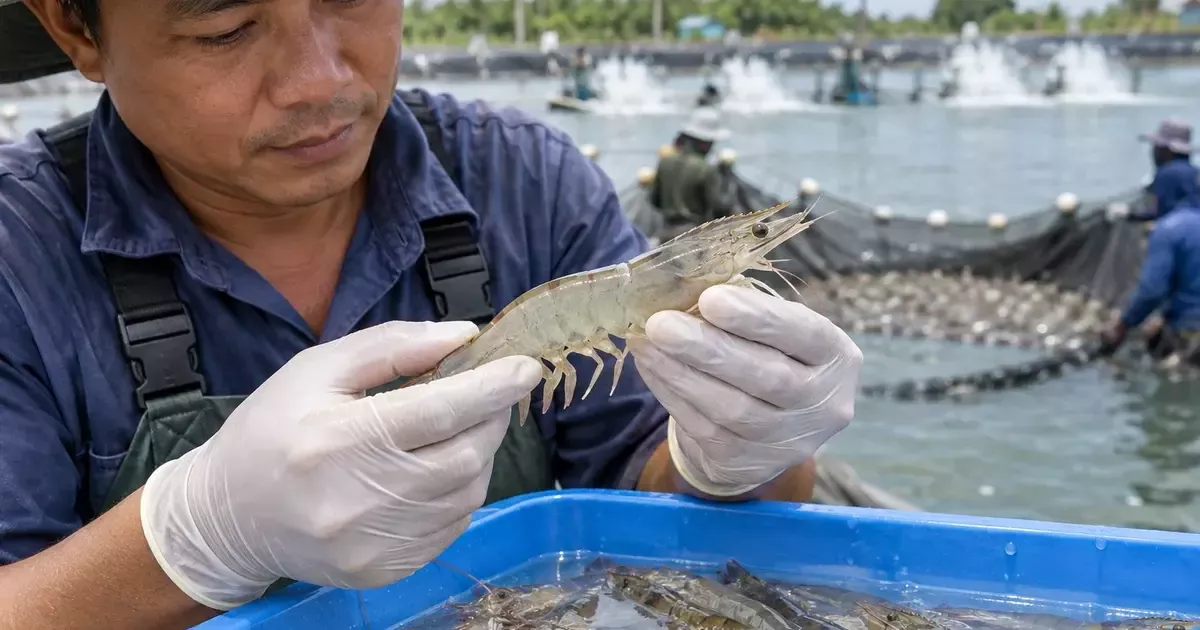 Kỹ thuật viên kiểm tra tôm mềm vỏ gần ngày thu hoạch
