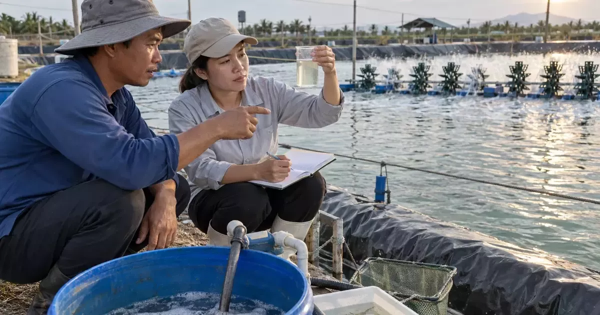 Kỹ thuật viên kiểm tra nguyên nhân tạt khoáng cho tôm không thấy hiệu quả