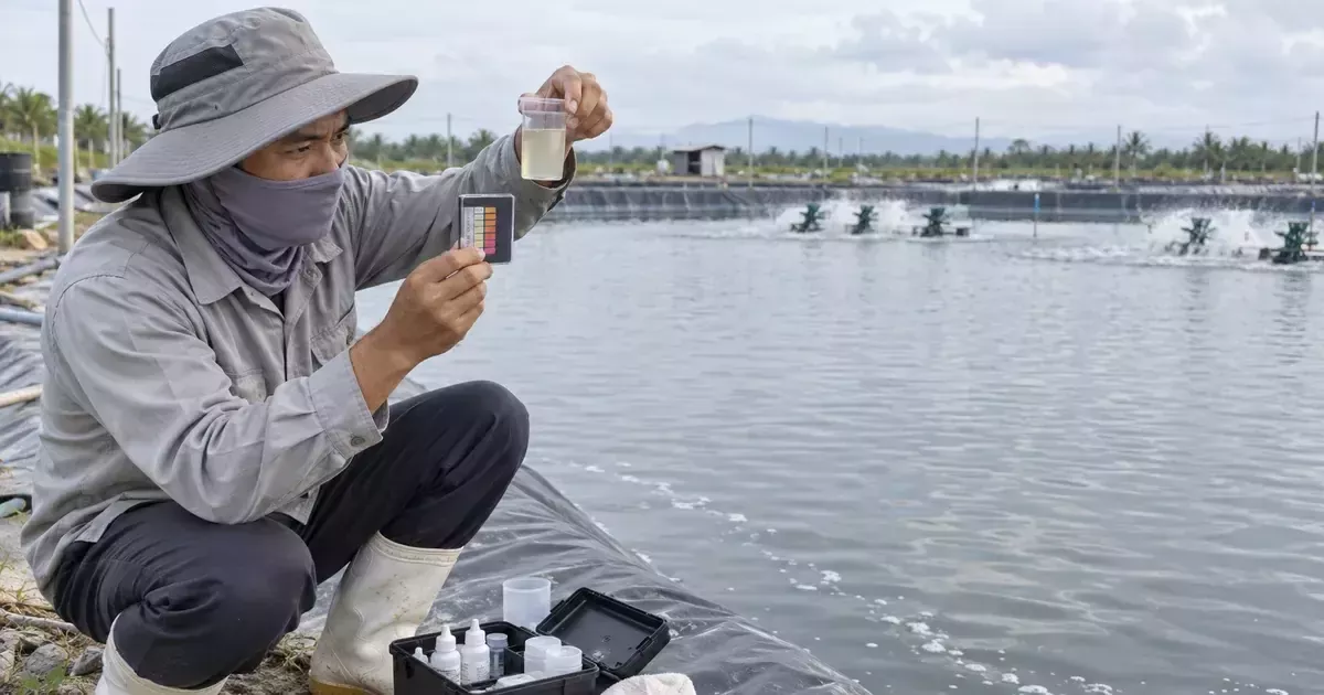 Kỹ thuật viên kiểm tra mẫu nước ao tôm bằng bộ test ammonia