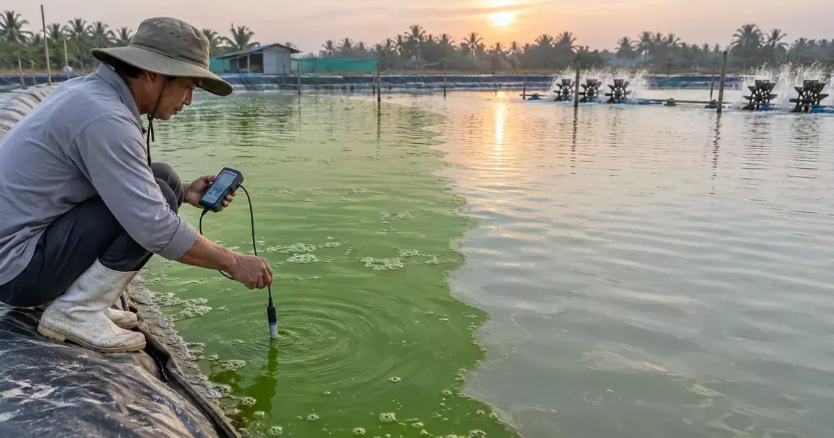 Kỹ thuật viên đo oxy khi nước ao tôm đổi màu và mật độ tảo giảm